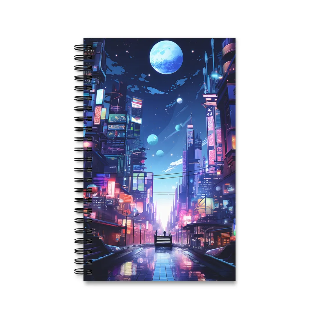 Melancholic Night in Cyberpunk City: Urban Landscape Art - Spiral Notebook