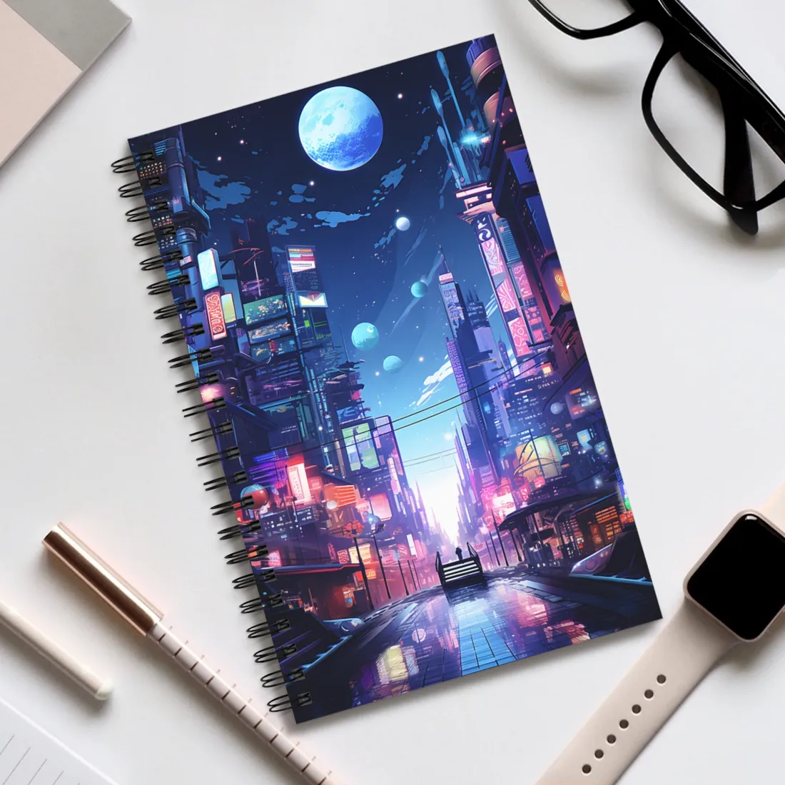 Melancholic Night in Cyberpunk City: Urban Landscape Art - Spiral Notebook
