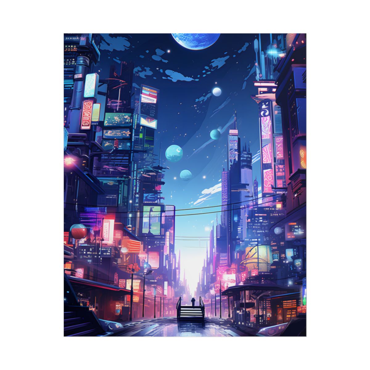 Melancholic Night in Cyberpunk City: Urban Landscape Art - Poster