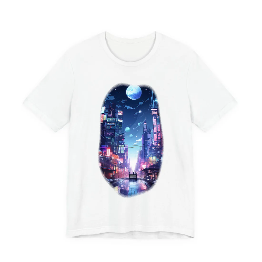 Melancholic Night in Cyberpunk City: Urban Landscape Art T-Shirt - T-Shirt (White)