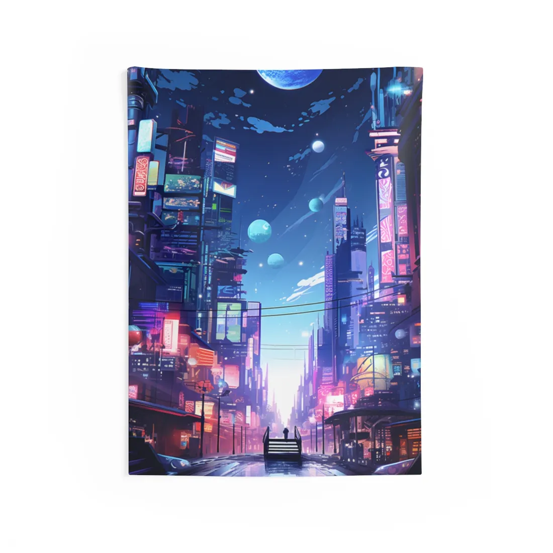 Melancholic Night in Cyberpunk City: Urban Landscape Art - Wall Tapestry