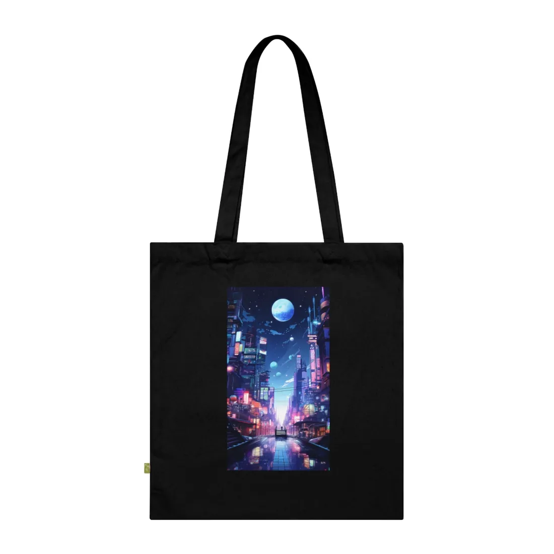 Melancholic Night in Cyberpunk City: Urban Landscape Art - Tote Bag