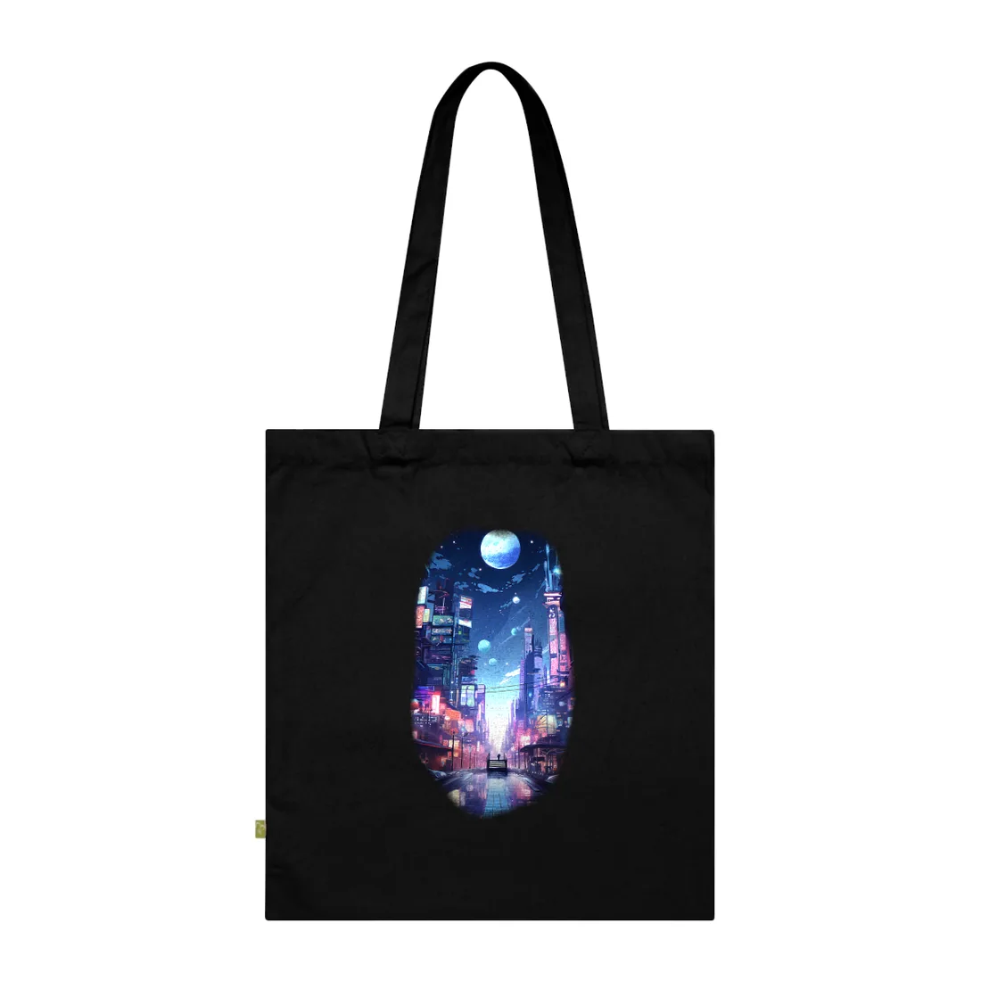 Neon-lit futuristic street at night beneath a glowing blue moon and floating orbs – Tote Bag, black