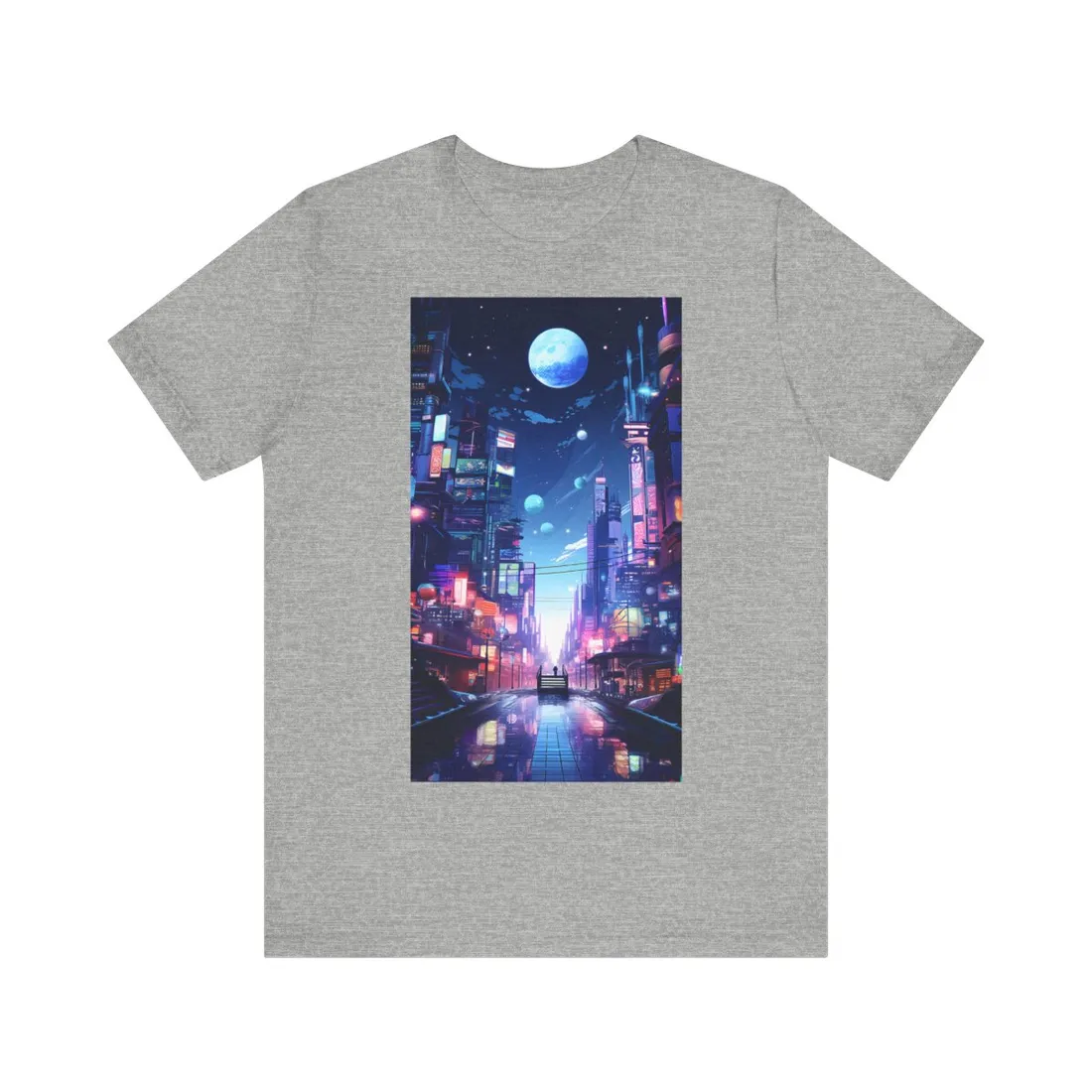 Melancholic Night in Cyberpunk City: Urban Landscape Art - T-Shirt