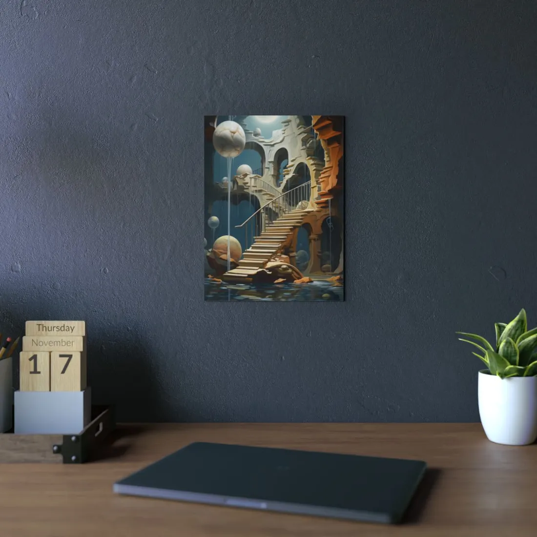 Melting Spheres: Surreal Staircase Through Stone Arches - Metal Poster