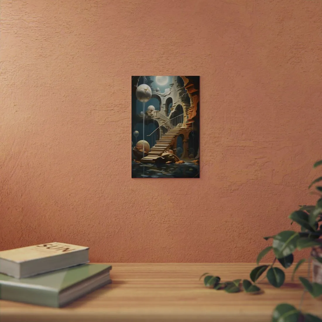 Melting Spheres: Surreal Staircase Through Stone Arches - Metal Poster