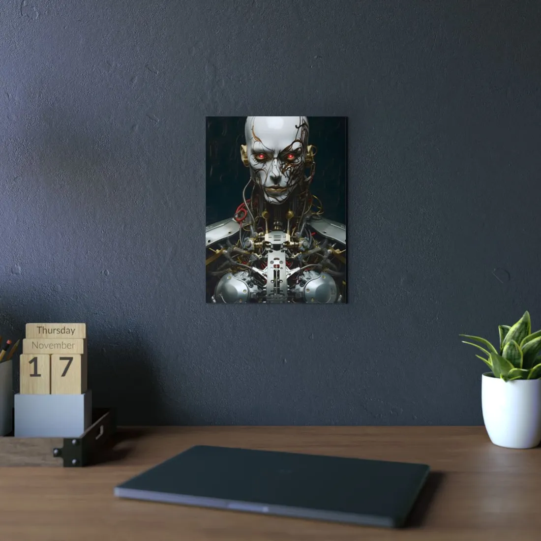 Menacing Cyborg Skull: Robotic Head Close-Up - Metal Poster