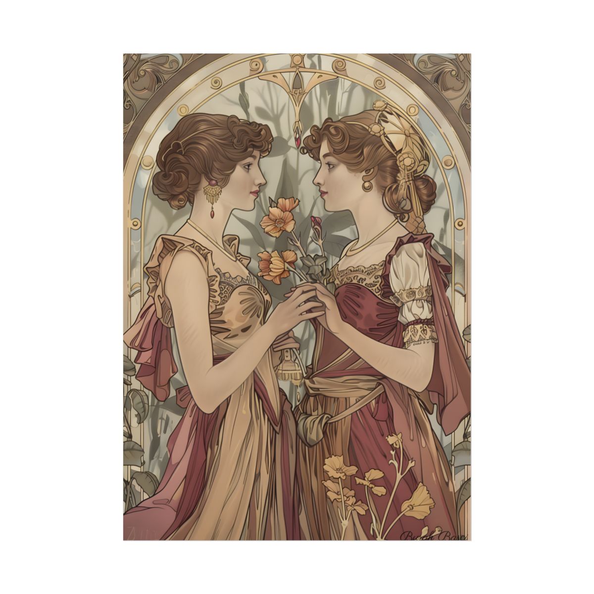Two Art Nouveau women face each other, holding peach flowers inside an arched frame – Poster, front view, view 1