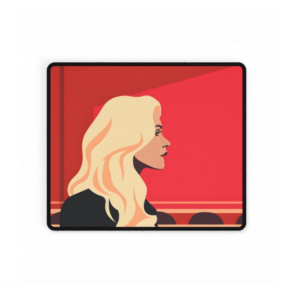 Minimalist Blonde Woman in Black Dress: Modern Art Poster - Desk Mat