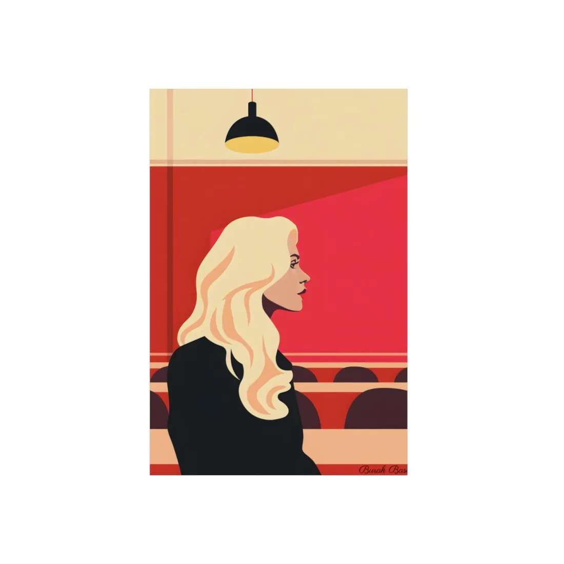 Minimalist Blonde Woman in Black Dress: Modern Art Poster - Metal Poster