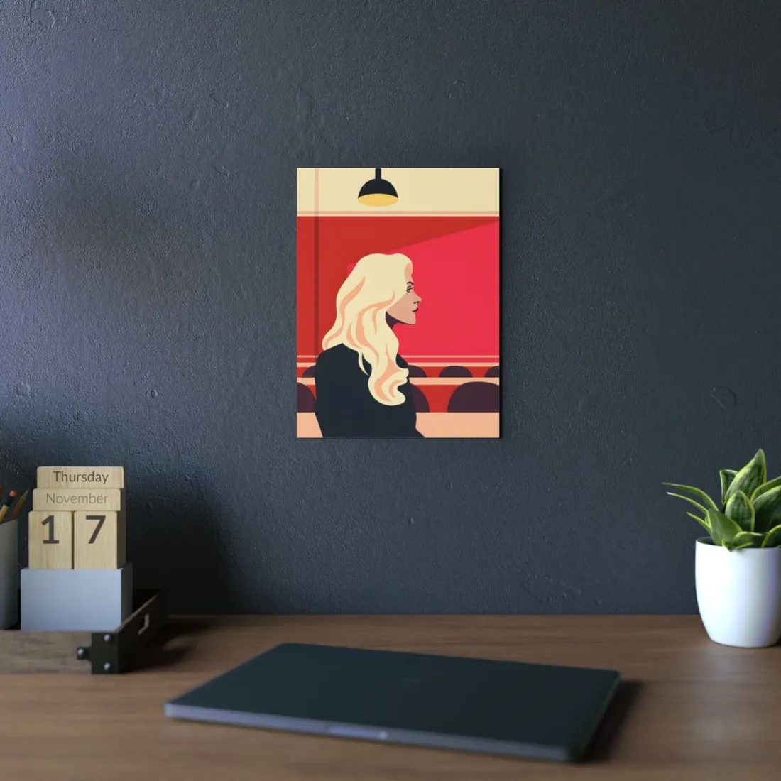 Minimalist Blonde Woman in Black Dress: Modern Art Poster - Metal Poster