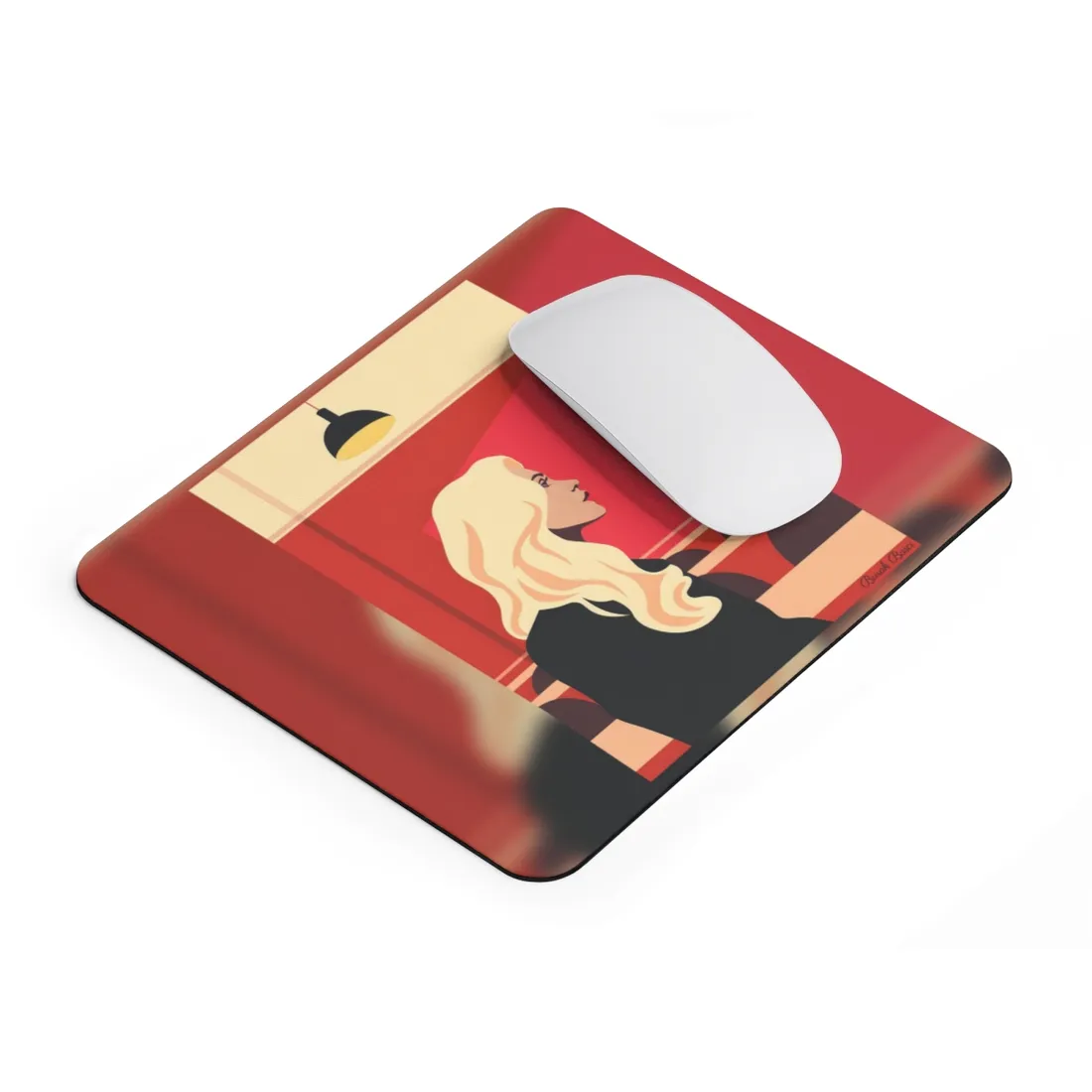 Minimalist Blonde Woman in Black Dress: Modern Art Poster - Mouse Pad