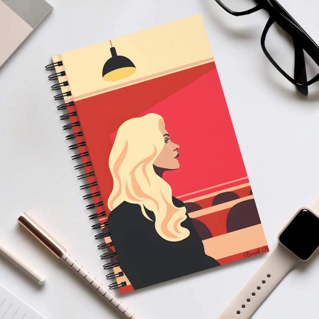 Minimalist Blonde Woman in Black Dress: Modern Art Poster - Spiral Notebook