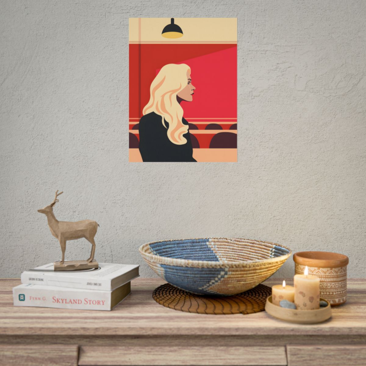 Minimalist Blonde Woman in Black Dress: Modern Art Poster - Poster
