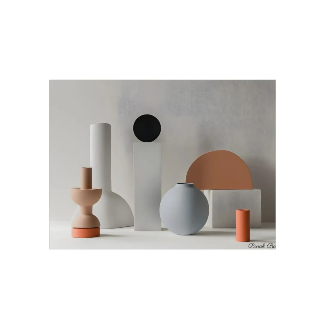 Minimalist Ceramic Still Life: Ceramic Vases and Geometric Forms - Metal Poster