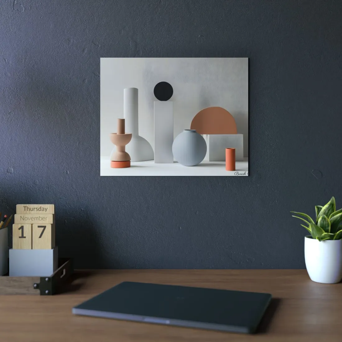 Minimalist Ceramic Still Life: Ceramic Vases and Geometric Forms - Metal Poster