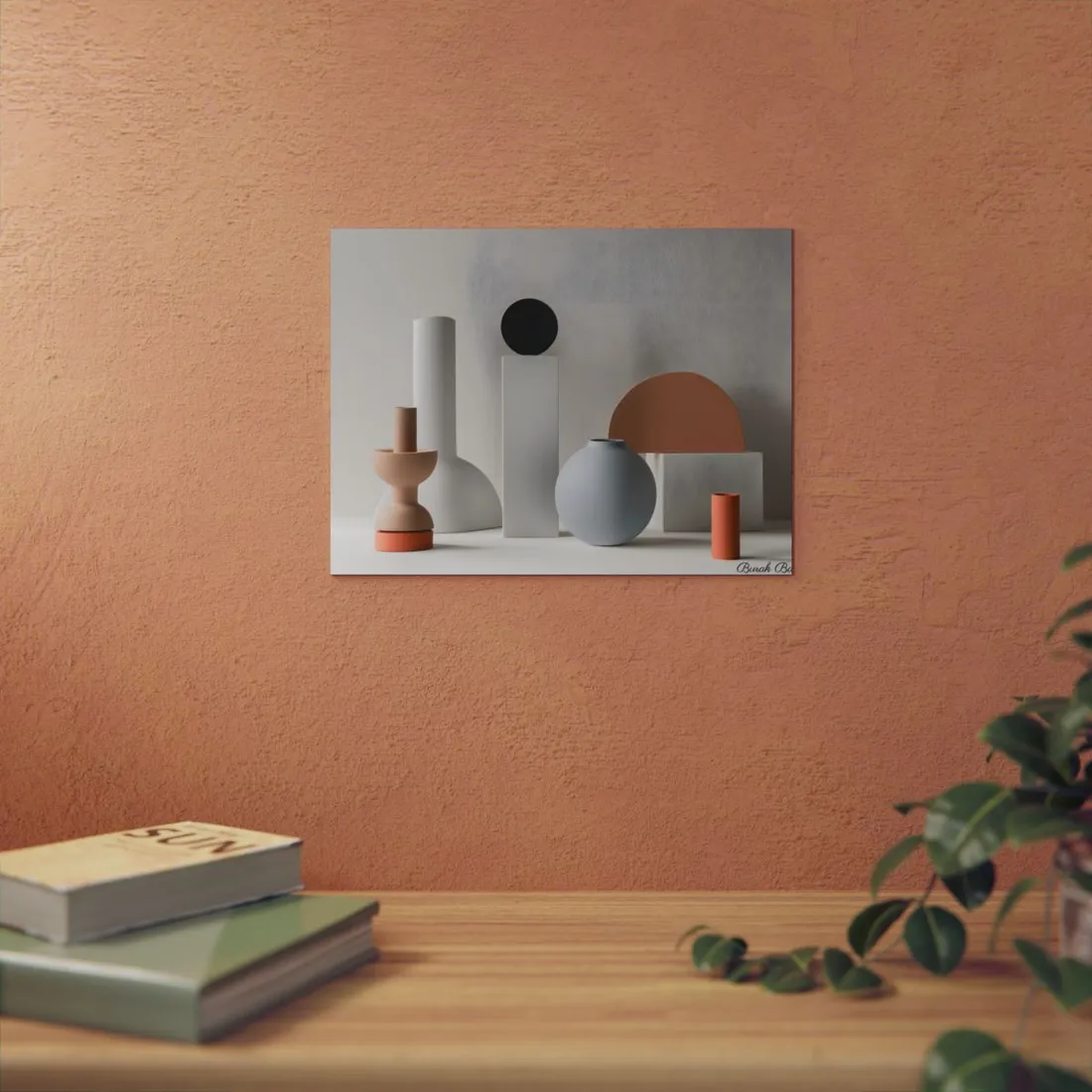Minimalist Ceramic Still Life: Ceramic Vases and Geometric Forms - Metal Poster