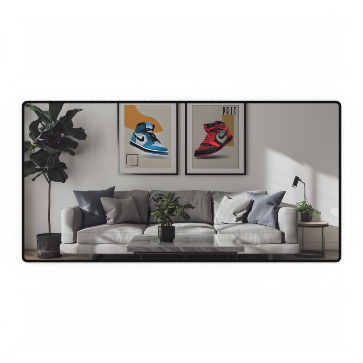 Minimalist Modern Living Room: Neutral Colors & Natural Light Art - Desk Mat