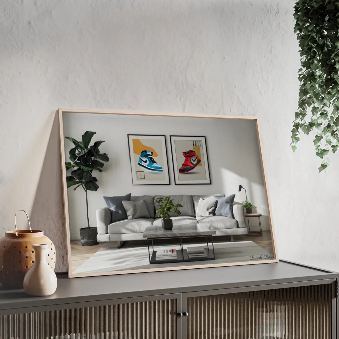 Minimalist Modern Living Room: Neutral Colors & Natural Light Art - Framed Poster