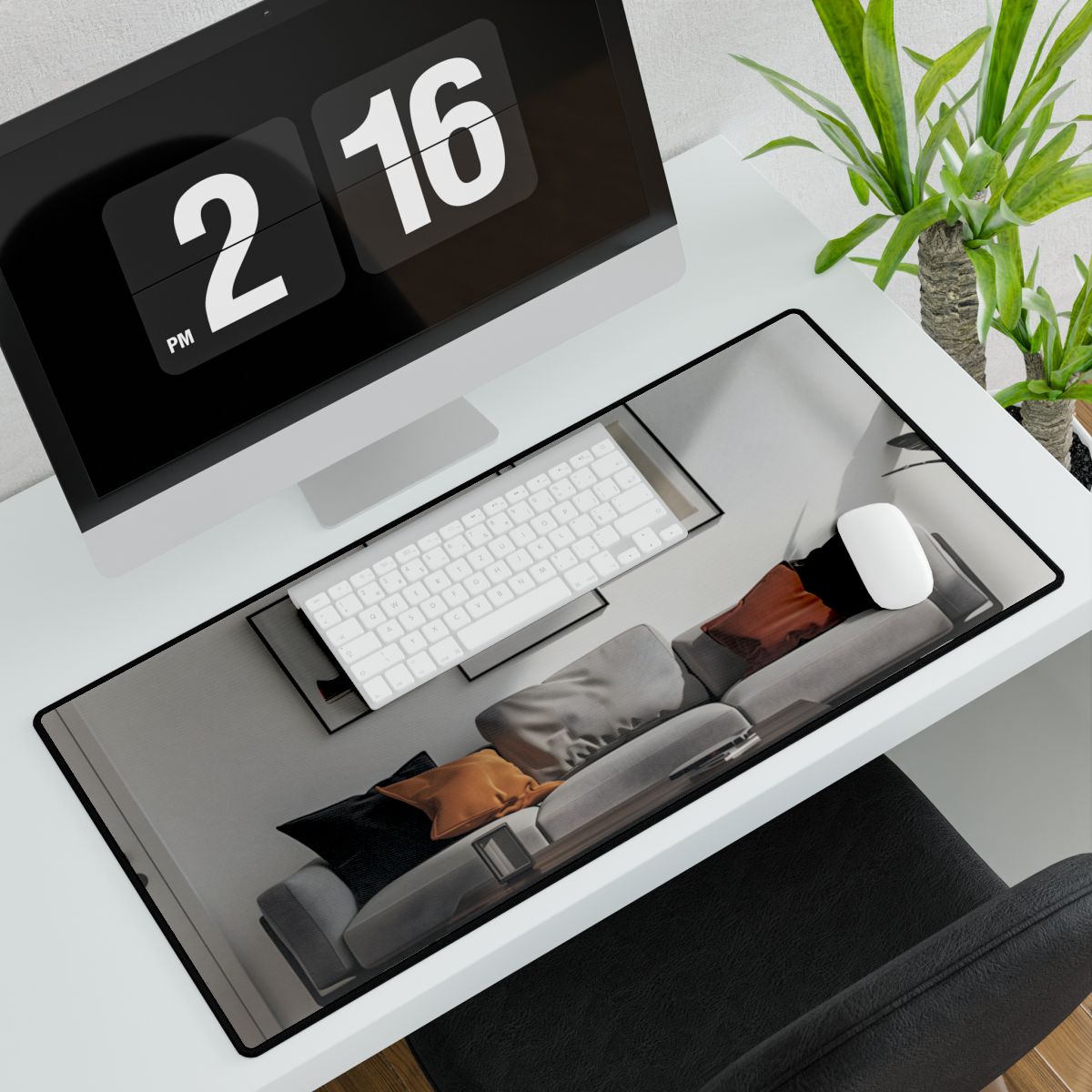 Minimalist Modern Living Room: White Couch and Dark Wood Accents - Desk Mat