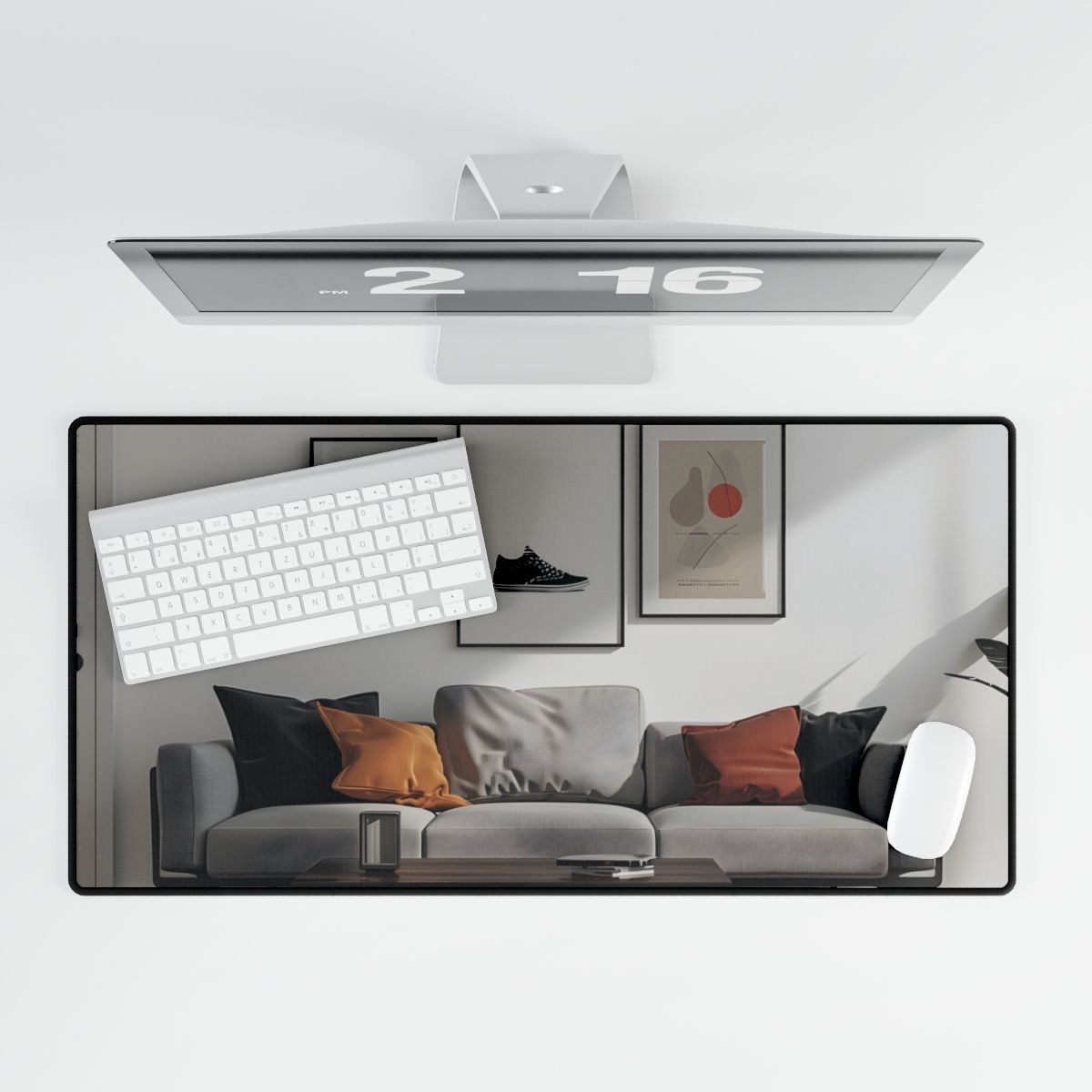 Minimalist Modern Living Room: White Couch and Dark Wood Accents - Desk Mat