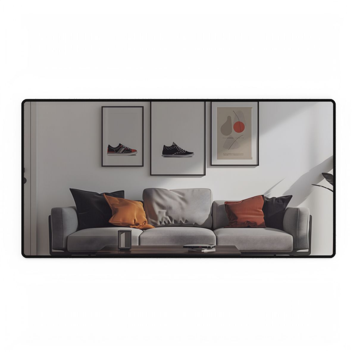 Minimalist Modern Living Room: White Couch and Dark Wood Accents - Desk Mat