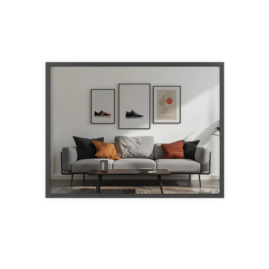 Minimalist Modern Living Room: White Couch and Dark Wood Accents - Framed Poster