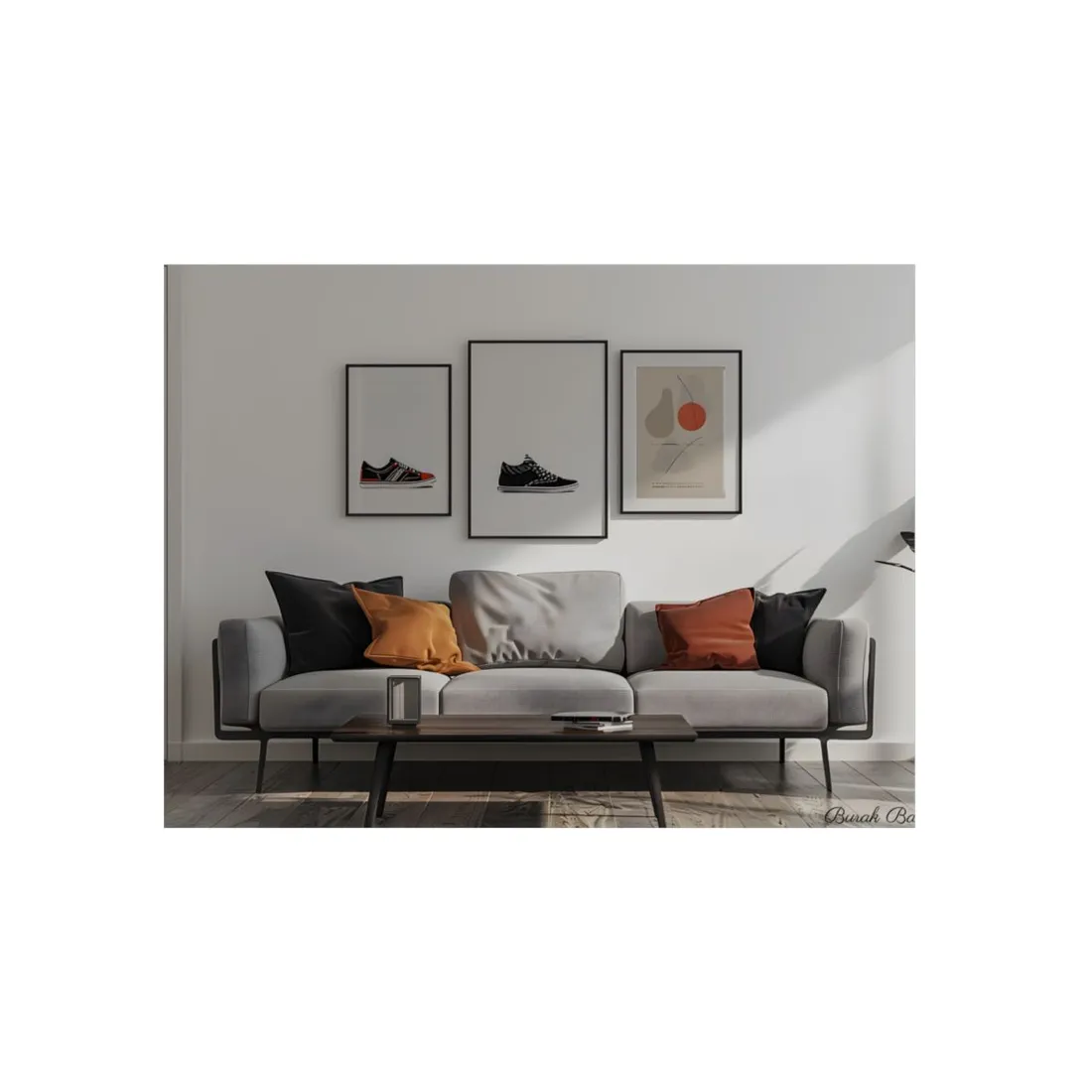 Minimalist Modern Living Room: White Couch and Dark Wood Accents - Metal Poster