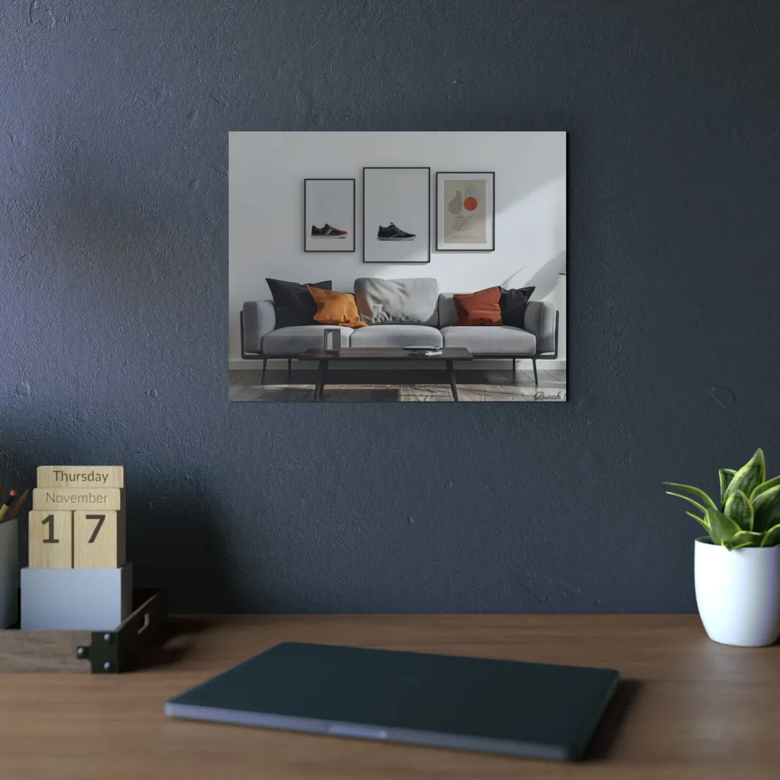 Minimalist Modern Living Room: White Couch and Dark Wood Accents - Metal Poster