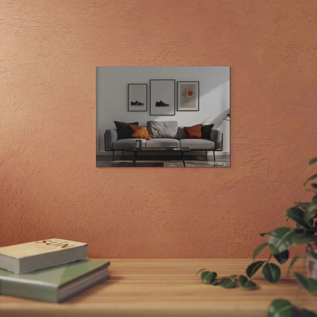 Minimalist Modern Living Room: White Couch and Dark Wood Accents - Metal Poster