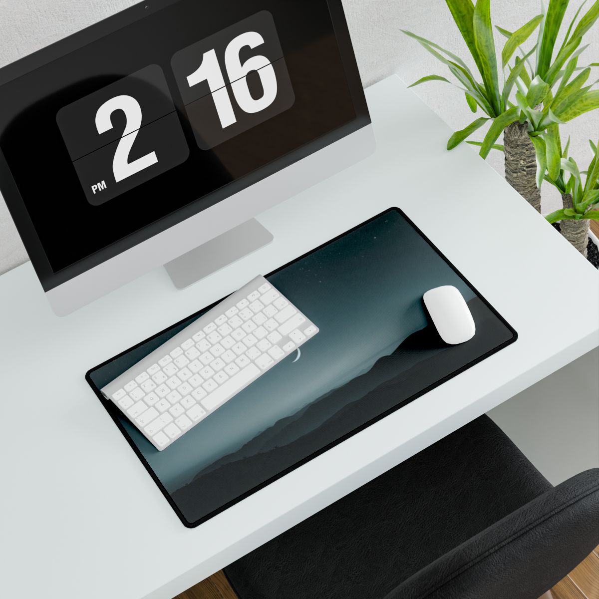 A thin crescent moon and stars above dark layered hills under a teal twilight sky – Desk Mat, room mockup, view 5