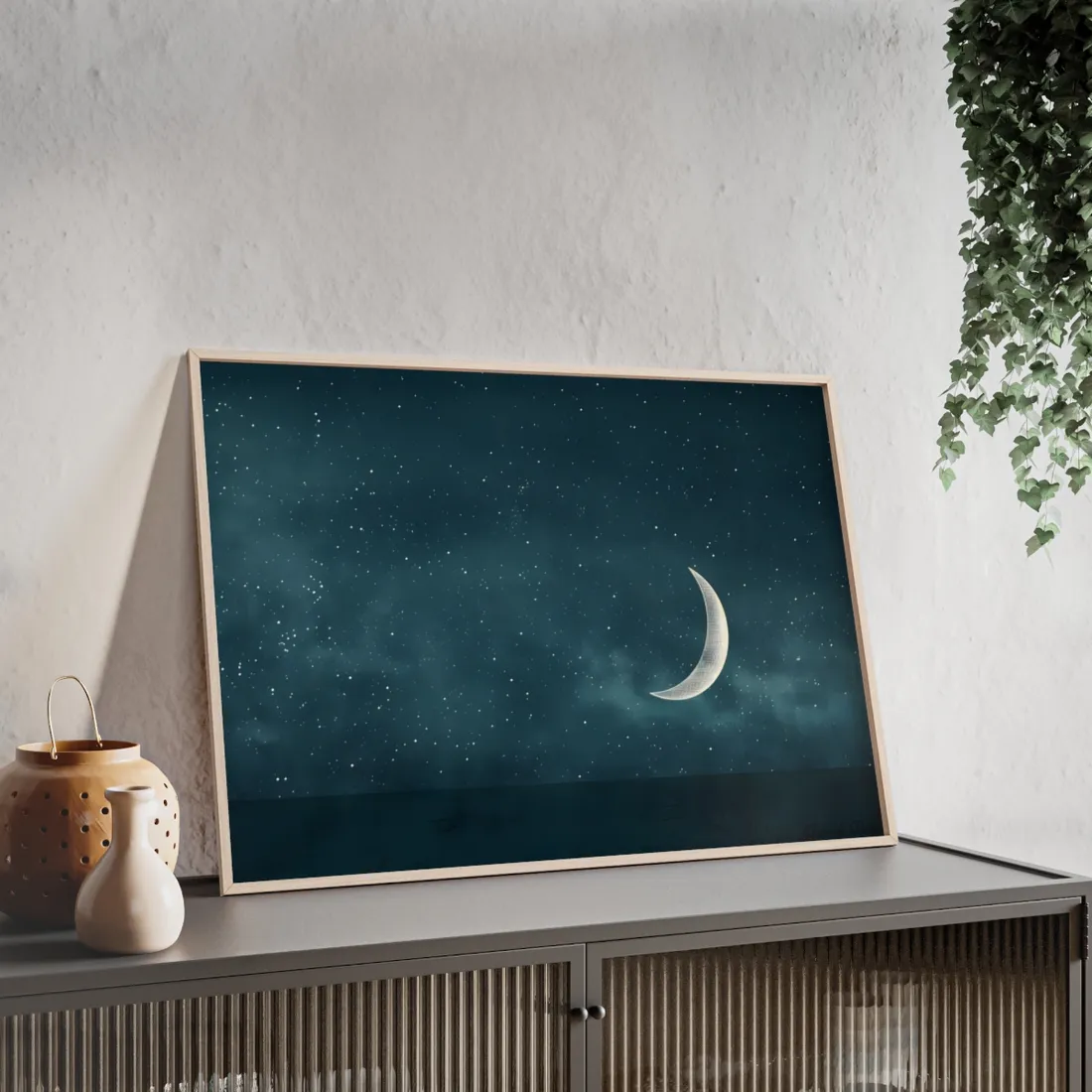Minimalist Night Serenade: Blue-Gray Sky - Framed Poster