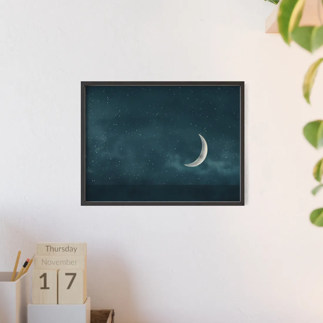 Minimalist Night Serenade: Blue-Gray Sky - Framed Poster