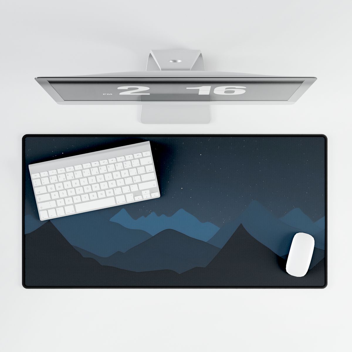 Minimalist Night Sky: Black Artwork with Mountain Silhouette - Desk Mat
