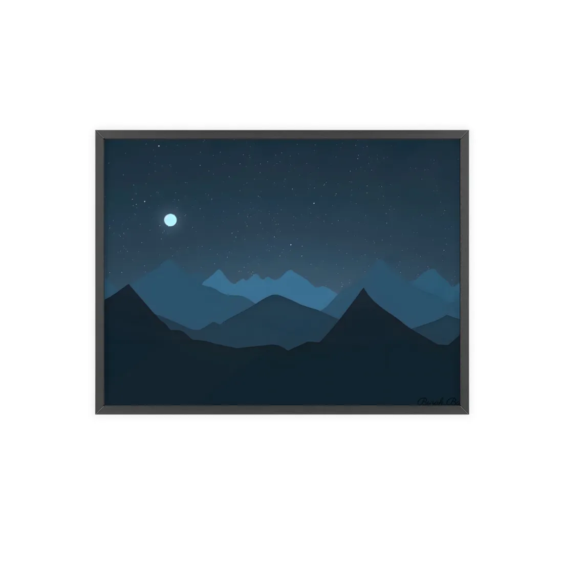 Minimalist Night Sky: Black Artwork with Mountain Silhouette - Framed Poster
