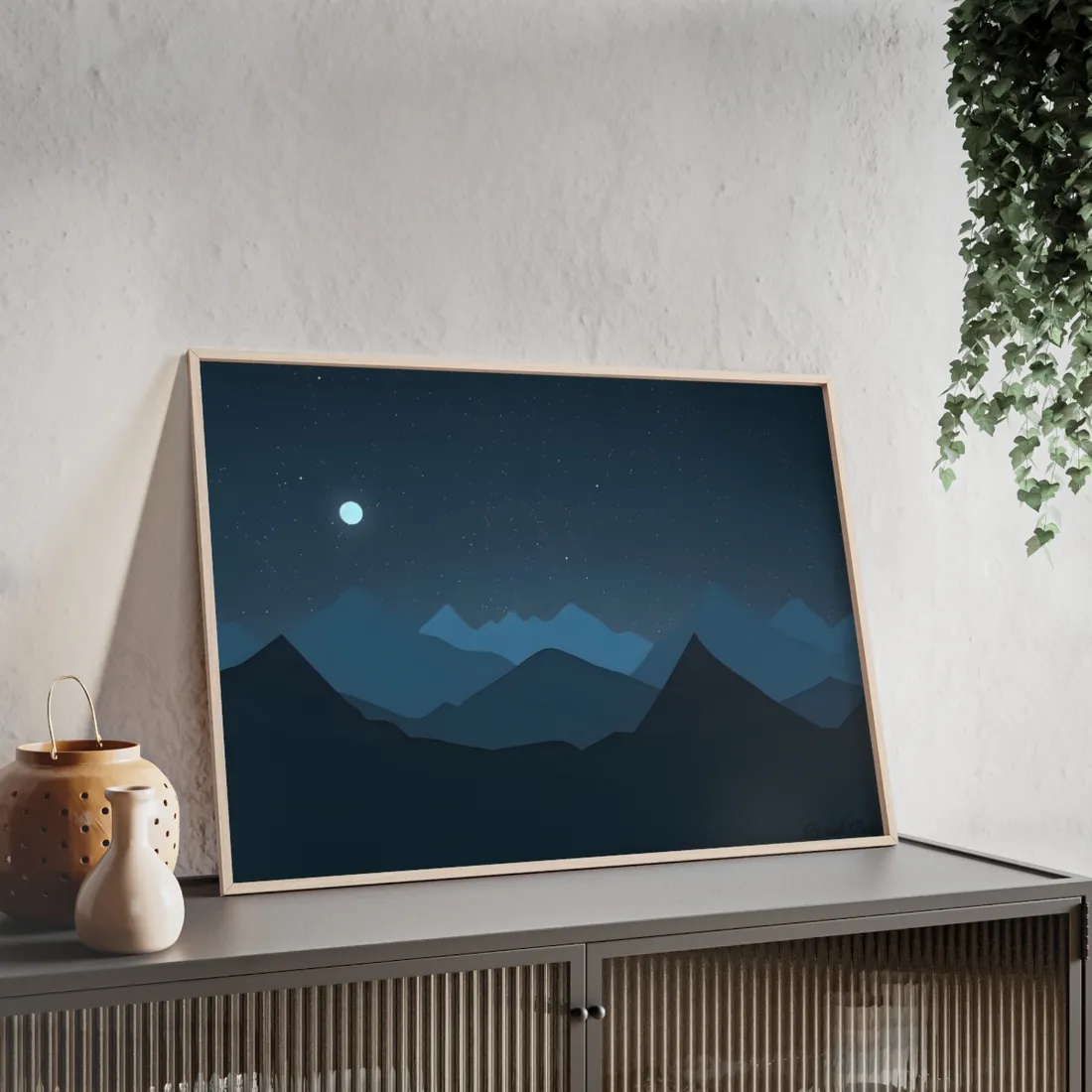 Minimalist Night Sky: Black Artwork with Mountain Silhouette - Framed Poster