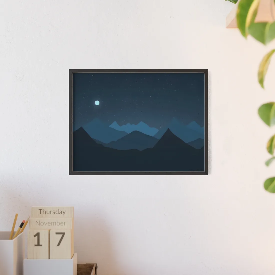 Minimalist Night Sky: Black Artwork with Mountain Silhouette - Framed Poster