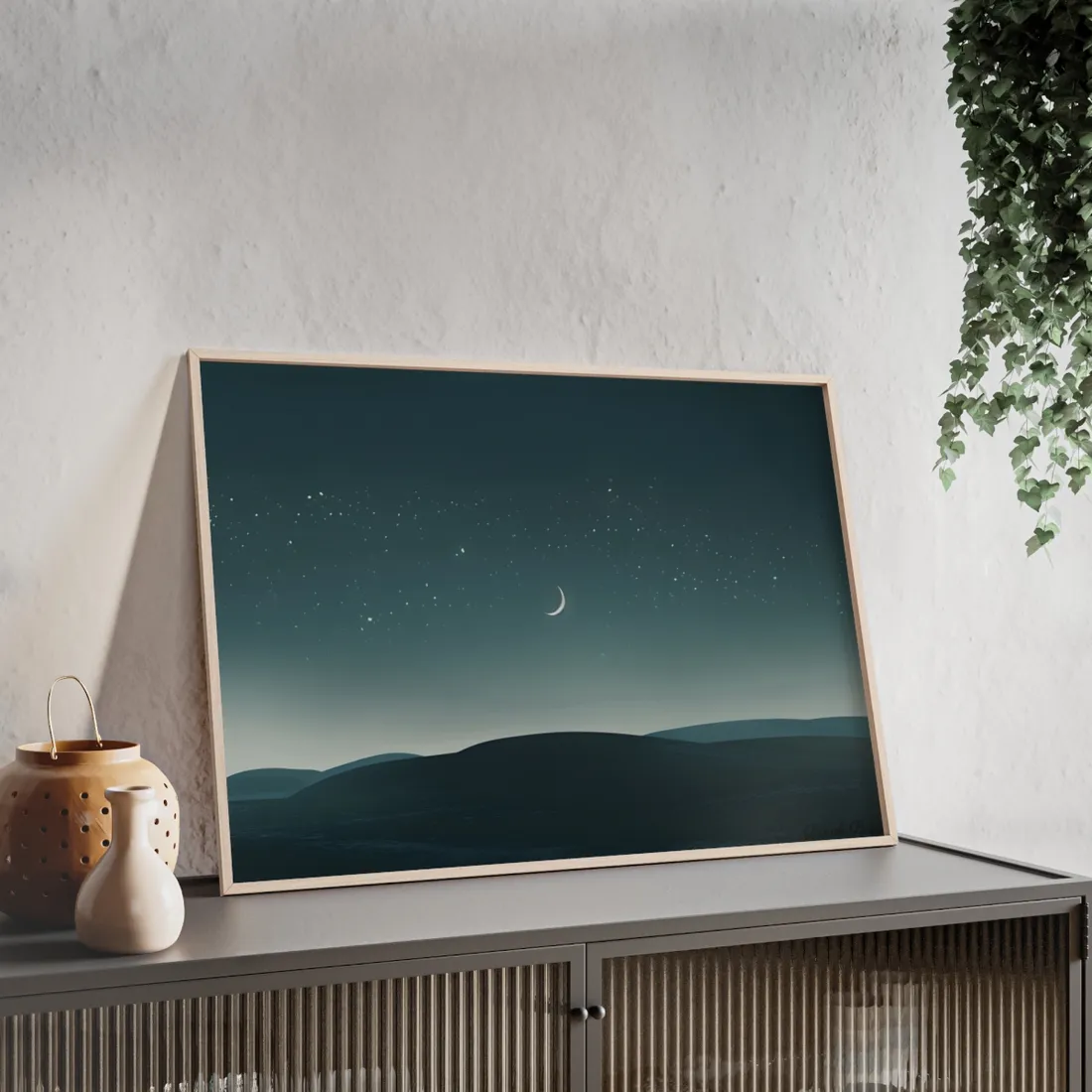 Minimalist Night Sky: Blue-Gray Evening Scene Digital Art - Framed Poster