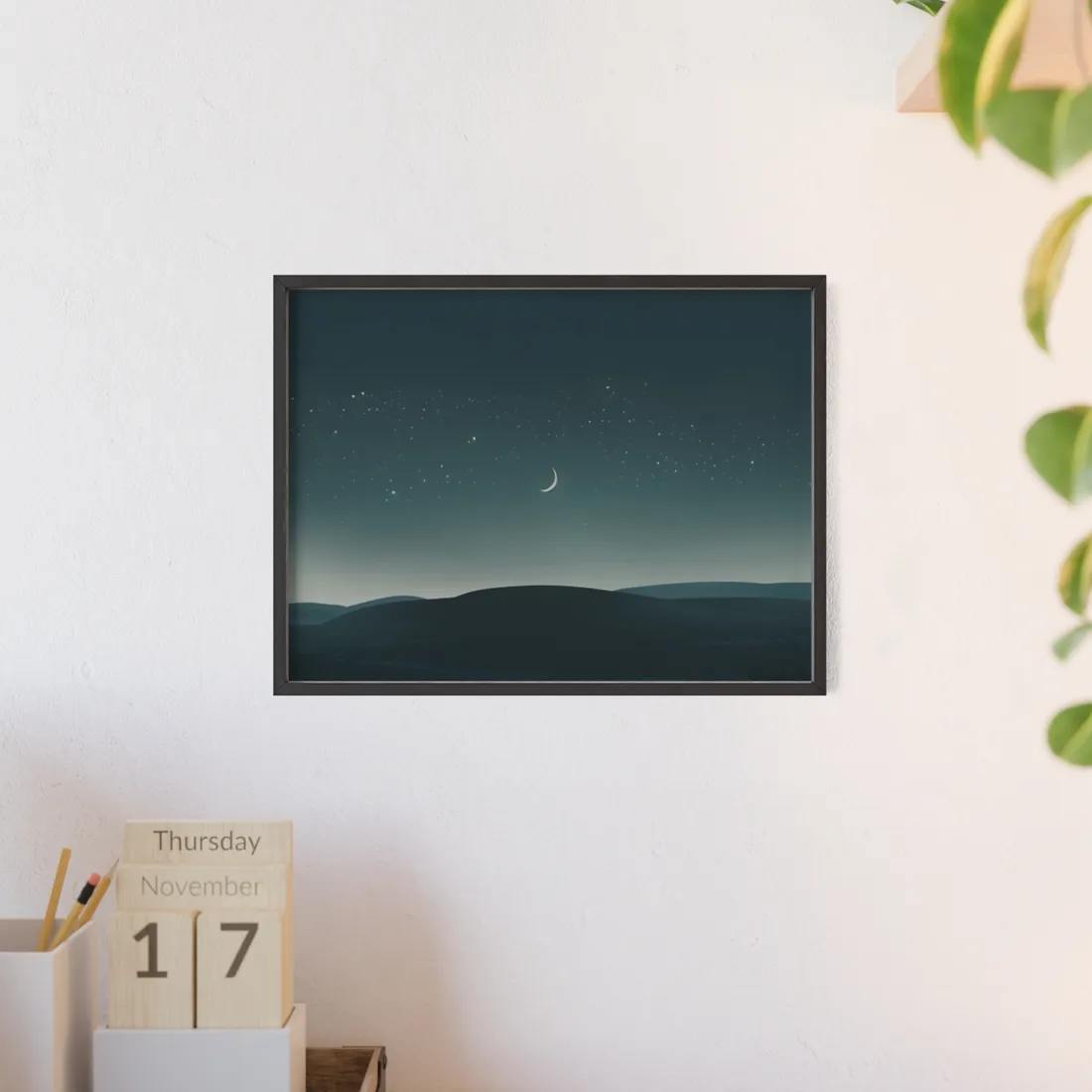 Minimalist Night Sky: Blue-Gray Evening Scene Digital Art - Framed Poster