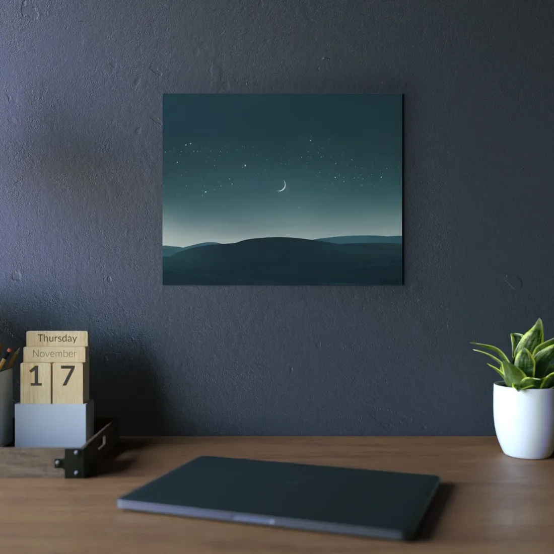 Minimalist Night Sky: Blue-Gray Evening Scene Digital Art - Metal Poster