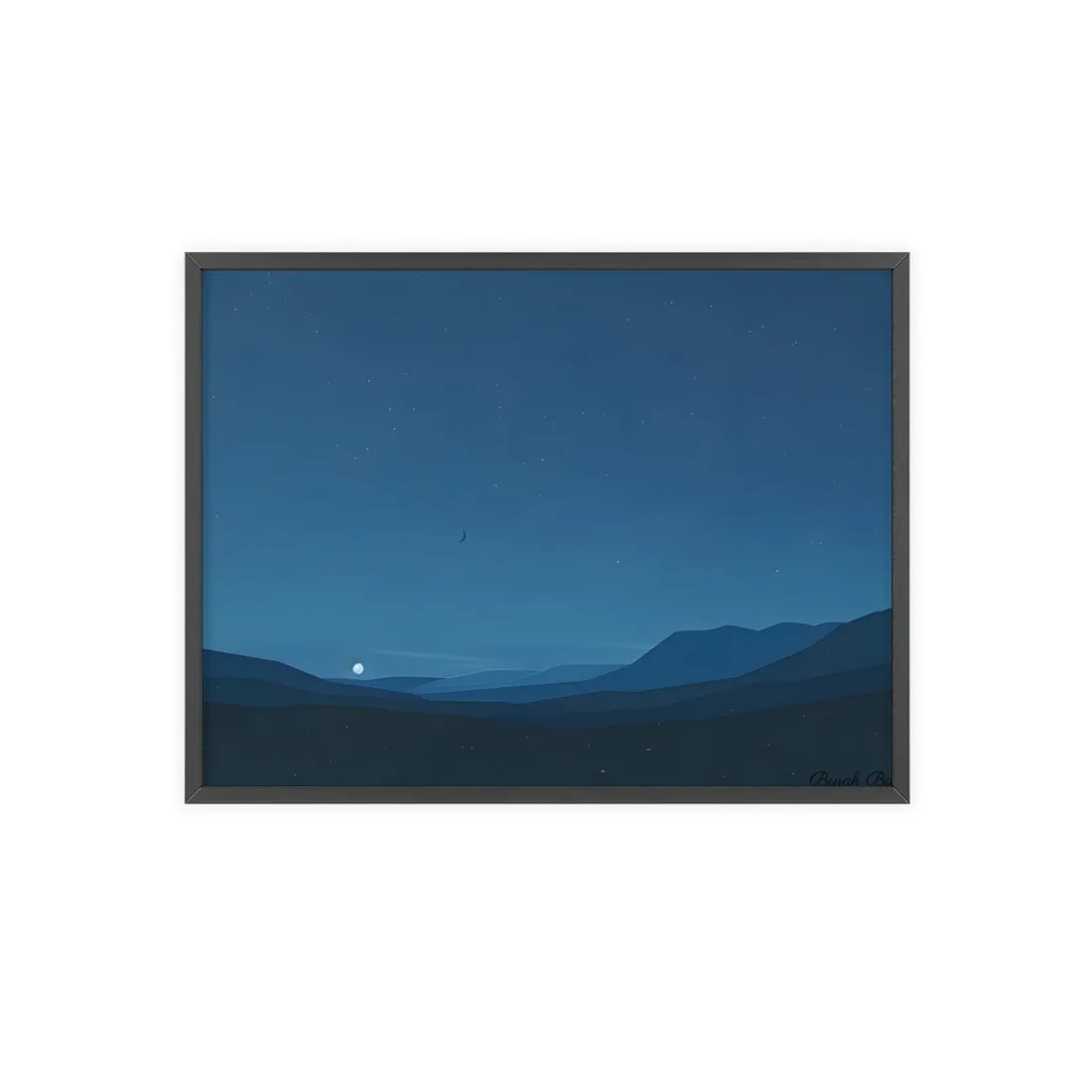 Minimalist Night Sky: Stars and Crescent Moon Art - Framed Poster