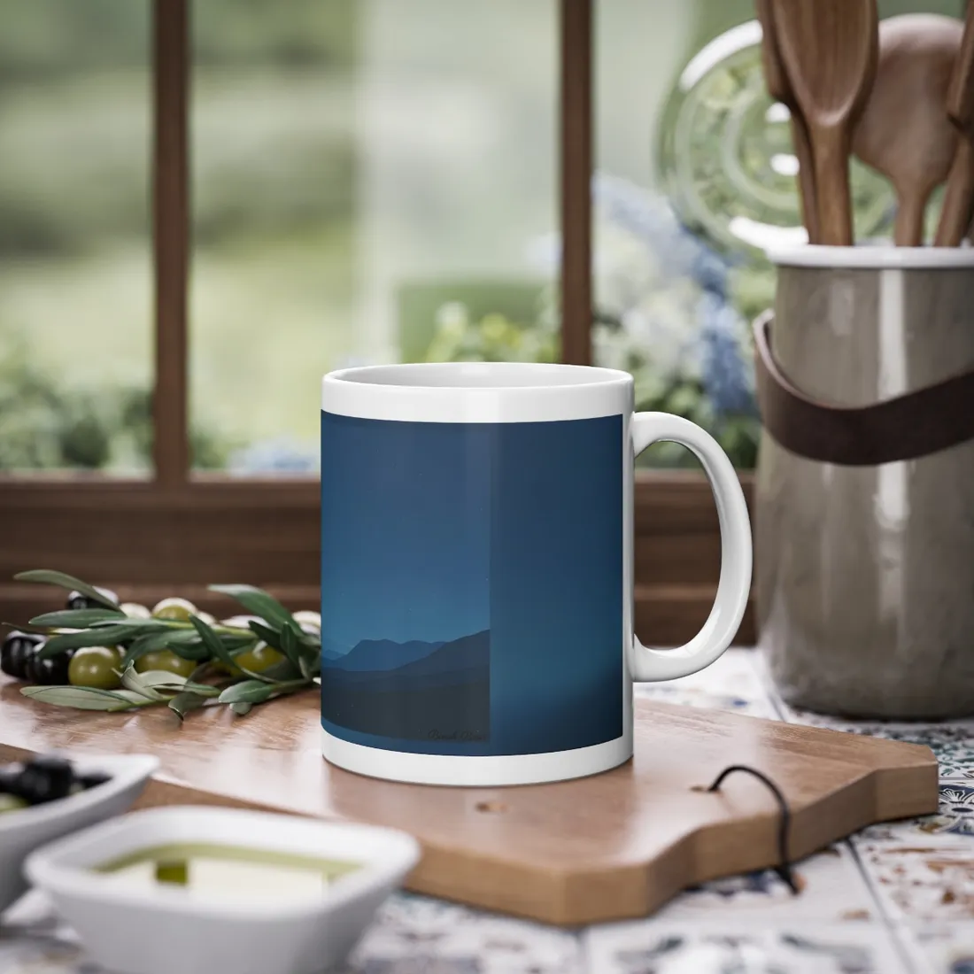 Minimalist Night Sky: Stars and Crescent Moon Art - Mug