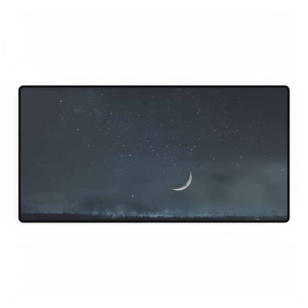 Minimalist Night Tree: Soft Lighting in Blue-Gray Skies - Desk Mat