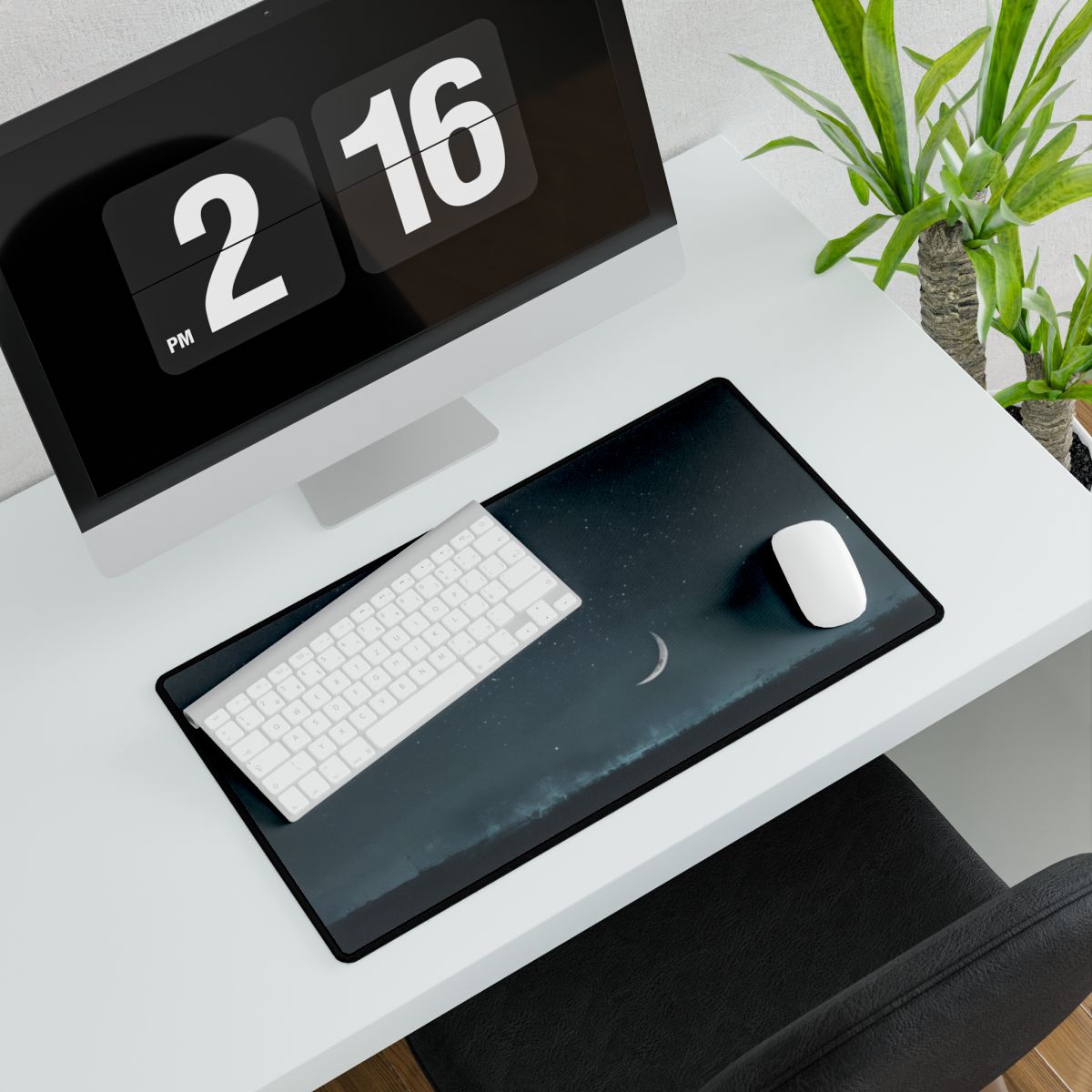 Minimalist Night Tree: Soft Lighting in Blue-Gray Skies - Desk Mat