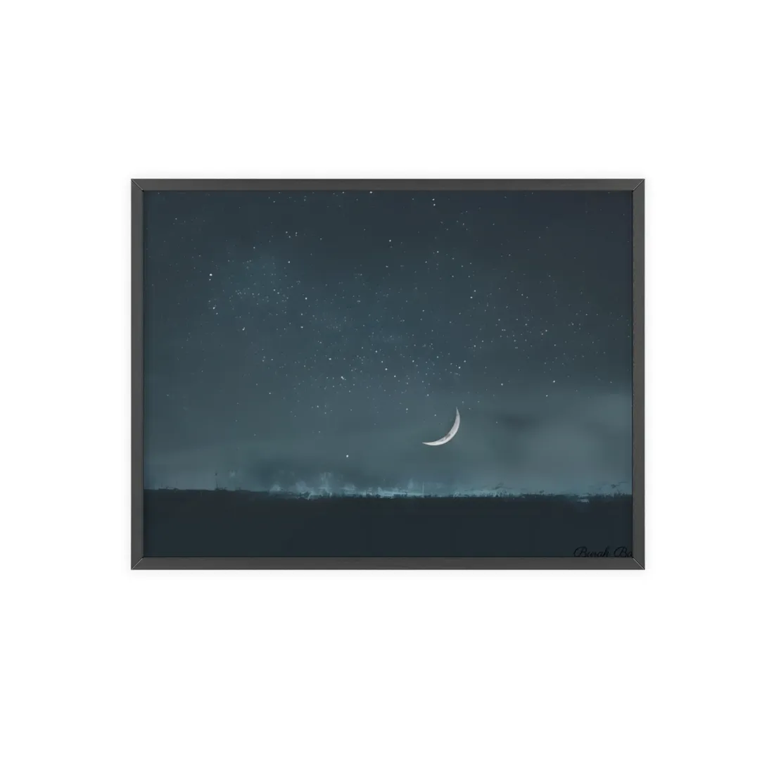 Minimalist Night Tree: Soft Lighting in Blue-Gray Skies - Framed Poster