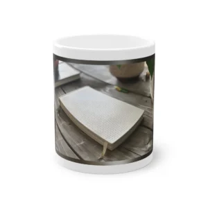White Notebook on Wooden Table Mug