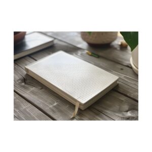 White Notebook on Wooden Table Poster