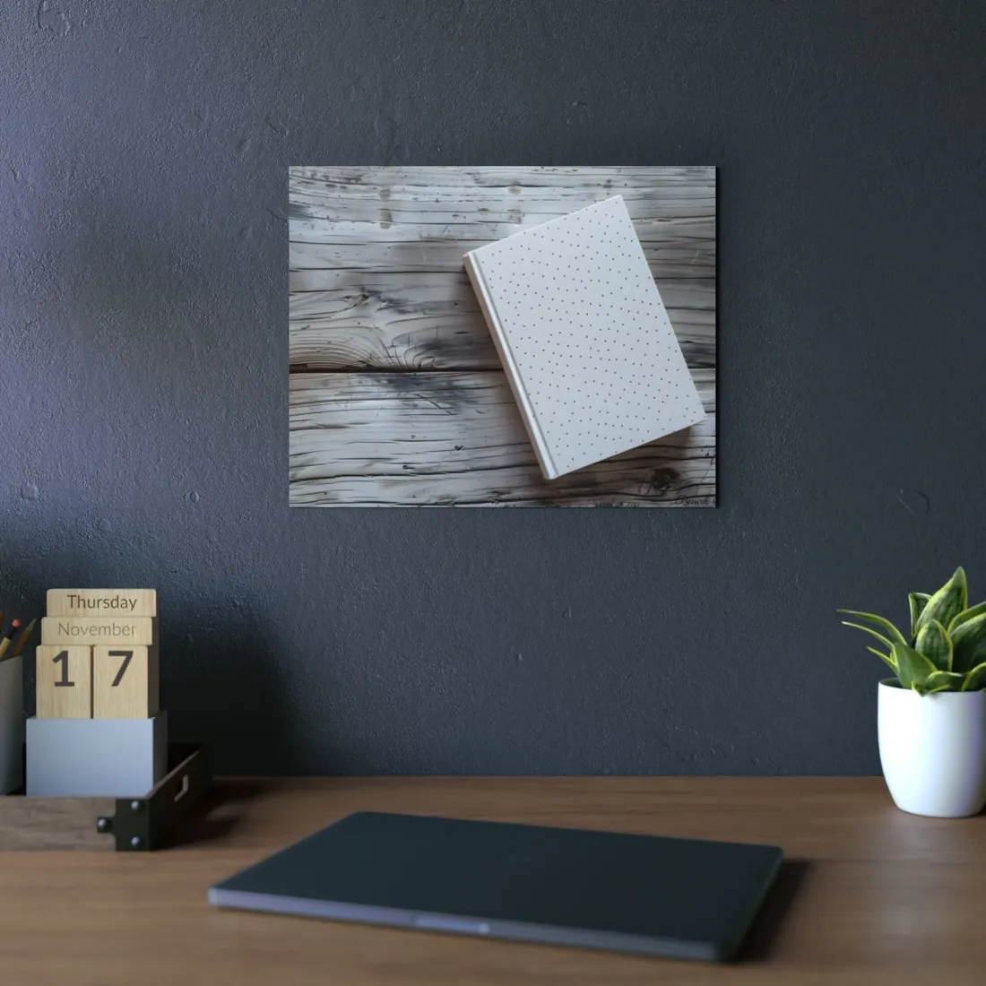 Minimalist Notebook with Embossed Dot Pattern: Unique Stationery Art - Metal Poster