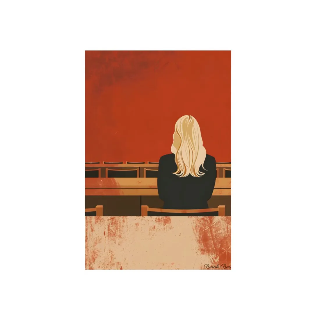 Minimalist Portrait: Blonde Woman in Red Courtroom Scene - Metal Poster