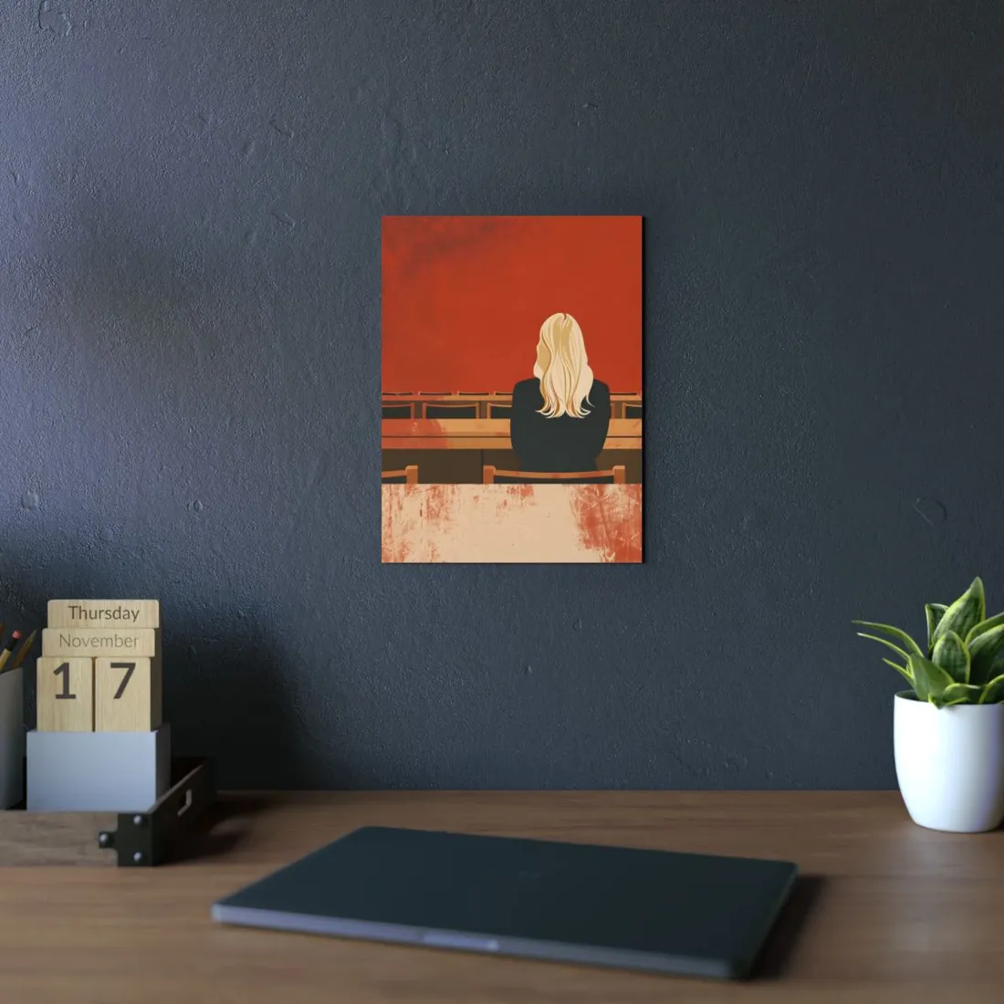 Minimalist Portrait: Blonde Woman in Red Courtroom Scene - Metal Poster